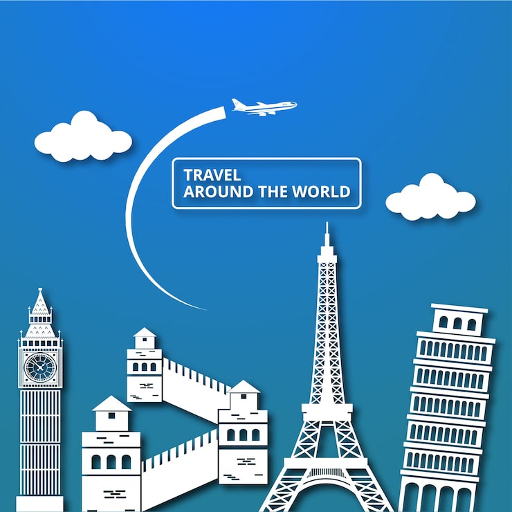 Vector gratuito composición de viaje con famosos monumentos del mundo