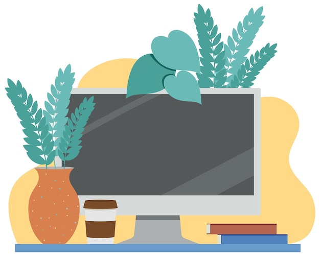 Vector gratuito computadora portátil en la mesa decorada con jarrón de plantas