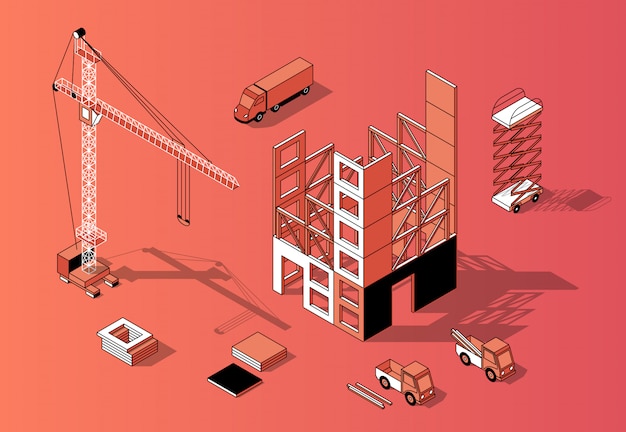 Vector gratuito concepto de construcción isométrica 3d, exterior de edificio