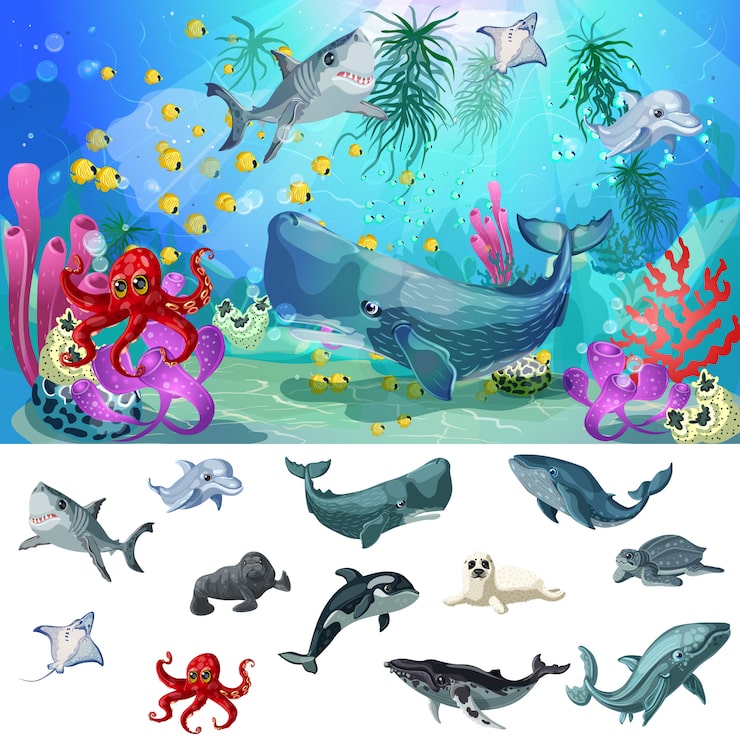 Vector gratuito concepto de fauna de mar y océano de dibujos animados