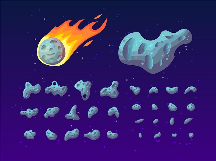 Vector gratuito conjunto de asteroides coloridos de diferentes formas, texturas y tamaños.