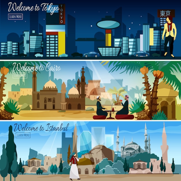Vector gratuito conjunto de banners planos de eastern cityscape 3