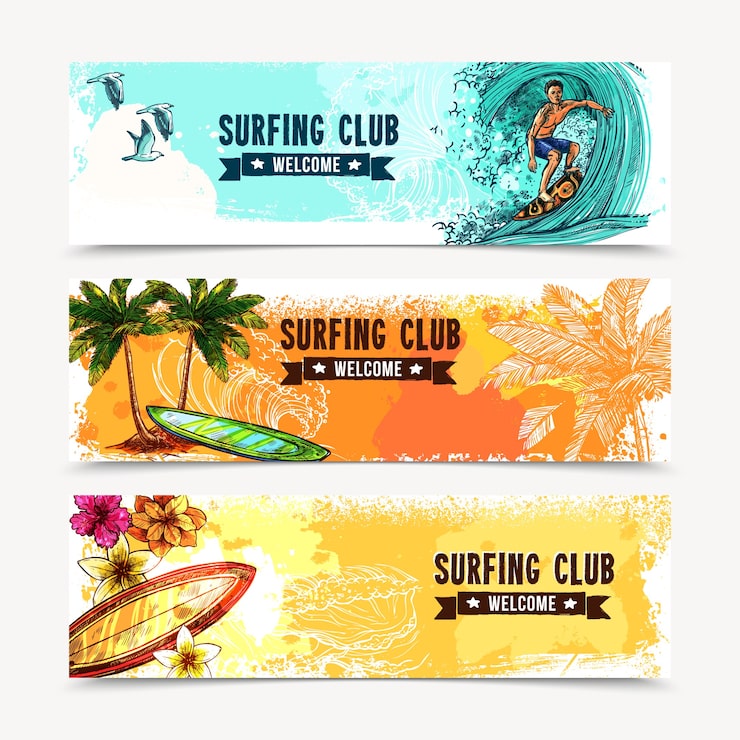 Vector gratuito conjunto de banners de surf