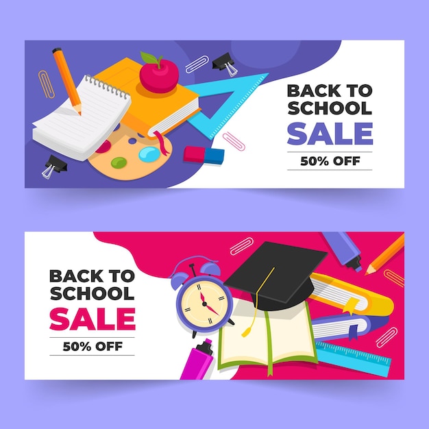 Vector gratuito conjunto de banners de venta plana de regreso a la escuela