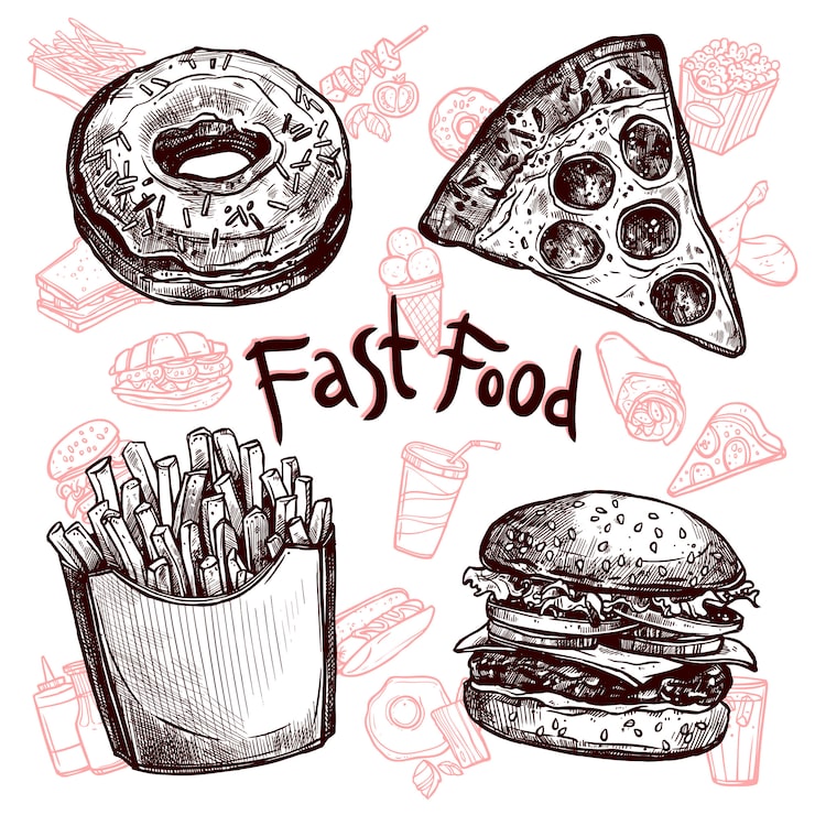 Vector gratuito conjunto de bocetos de comida rápida y bebidas.