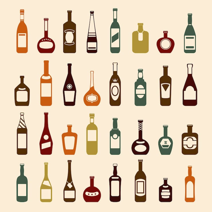 Vector gratuito conjunto de botellas de cerveza y botellas de vino.
