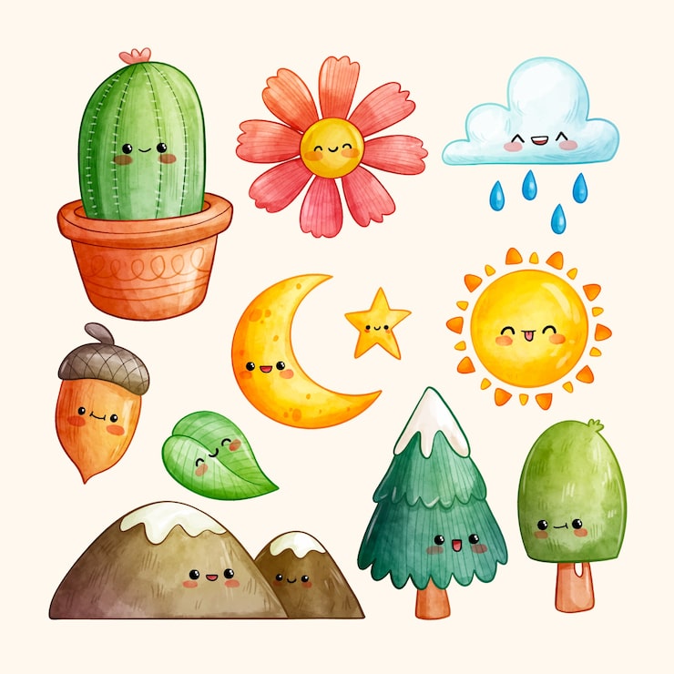Vector gratuito conjunto de caracteres de naturaleza kawaii acuarela