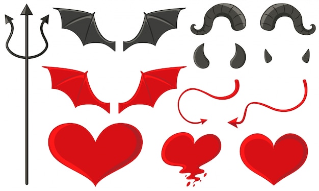 Vector gratuito conjunto de diablo con tridente y otros elementos