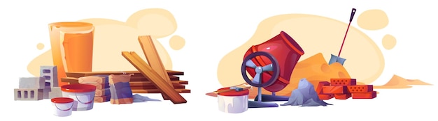 Vector gratuito el conjunto de dibujos animados de las pilas de materiales de construcción