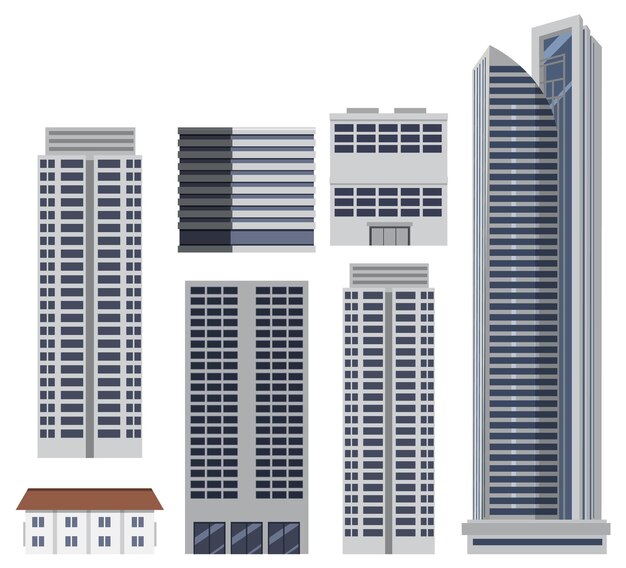 Vector gratuito conjunto de diferentes edificios sobre fondo blanco.