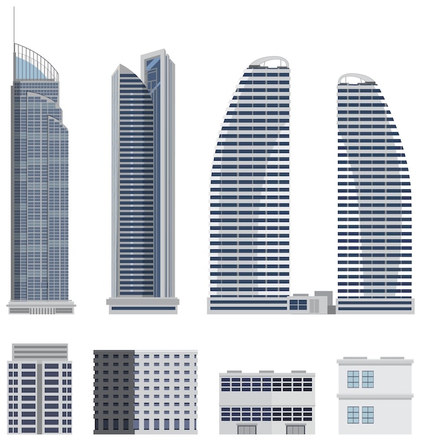 Vector gratuito conjunto de diferentes edificios sobre fondo blanco.