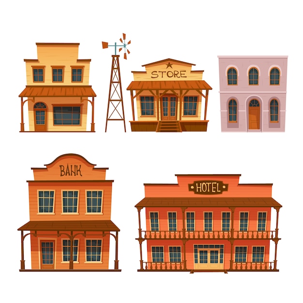 Vector gratuito conjunto de edificios del salvaje oeste, diseño de estilo vaquero.