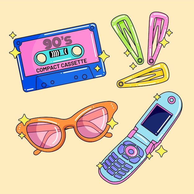 Vector gratuito conjunto de elementos de los 90 dibujados a mano