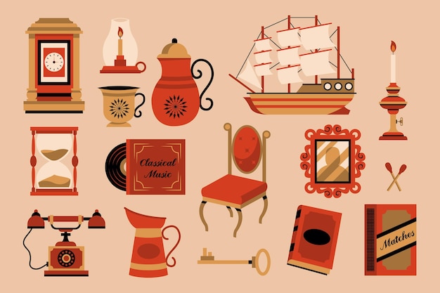 Vector gratuito conjunto de elementos brocante dibujados a mano