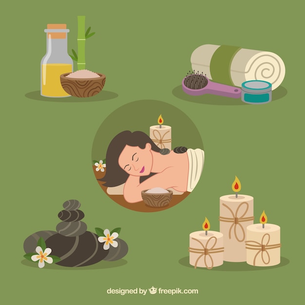 Vector gratuito conjunto de elementos de centro de spa con velas y aceites aromáticos