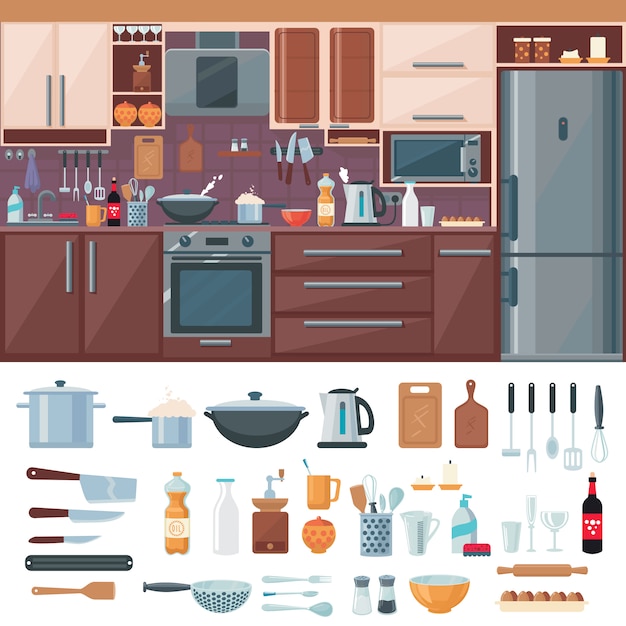 Vector gratuito conjunto de elementos interiores de cocina