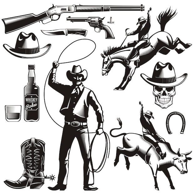 Vector gratuito conjunto de elementos de rodeo vintage