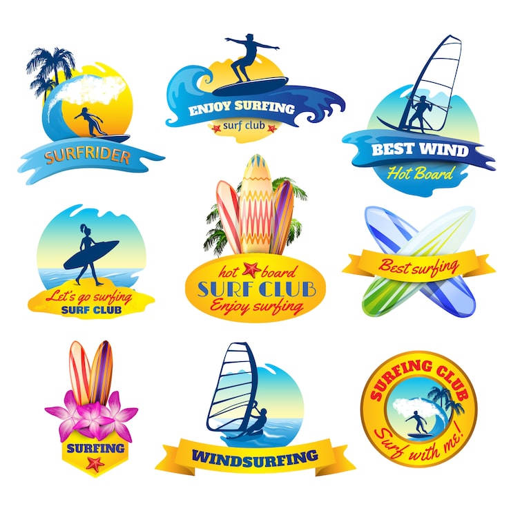 Vector gratuito conjunto de emblemas de surf