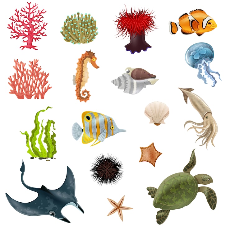 Vector gratuito conjunto de iconos de dibujos animados de vida marina