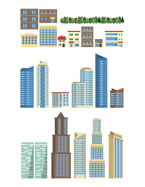 Vector gratuito conjunto de iconos de edificios urbanos y skyscapers
