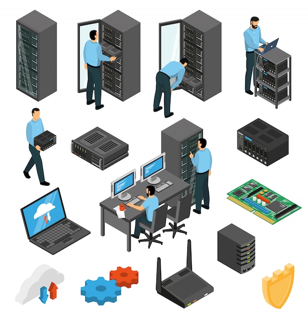 Vector gratuito conjunto isométrico de equipos de centro de datos