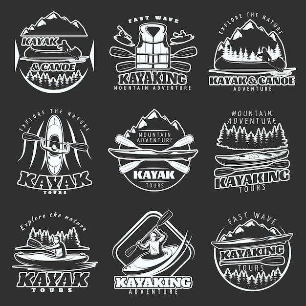 Vector gratuito conjunto de logotipos de excursiones en kayak