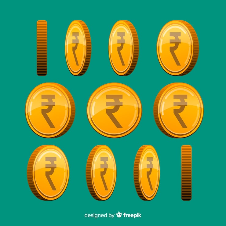 Vector gratuito conjunto de monedas de rupia india en diferentes posiciones