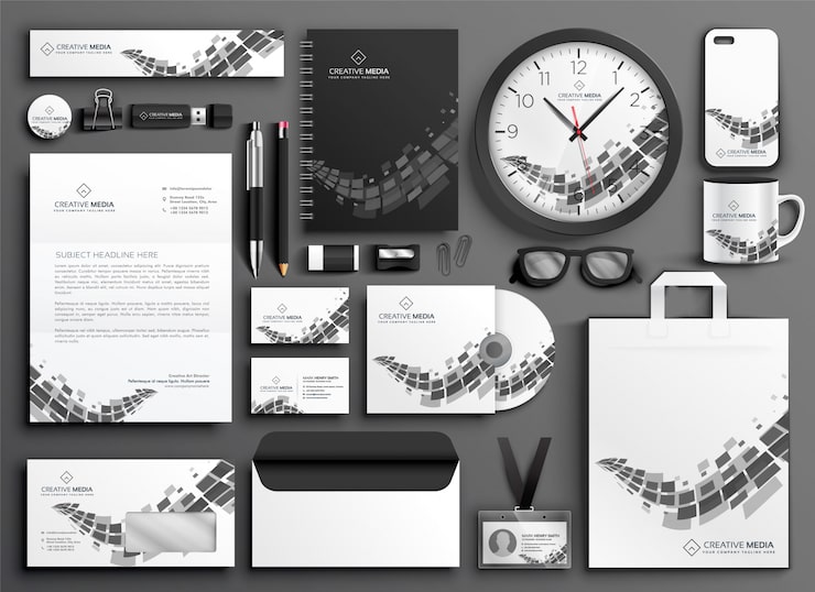 Vector gratuito conjunto de papelería de negocios blanco y negro abstracto