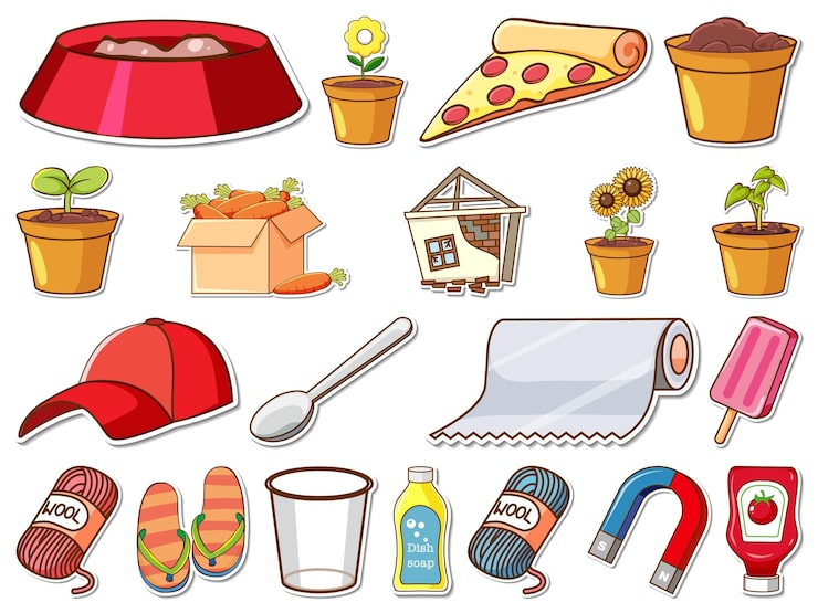 Vector gratuito conjunto de pegatinas de objetos diarios mixtos.