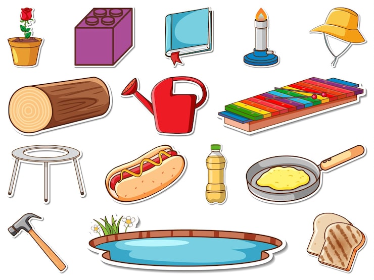 Vector gratuito conjunto de pegatinas de objetos diarios mixtos.