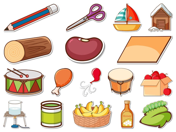 Vector gratuito conjunto de pegatinas de objetos diarios mixtos.