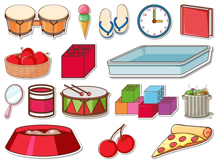 Vector gratuito conjunto de pegatinas de objetos diarios mixtos.
