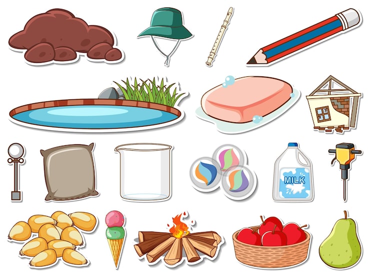Vector gratuito conjunto de pegatinas de objetos diarios mixtos.