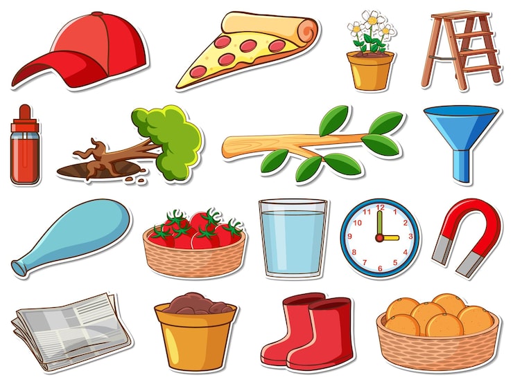 Vector gratuito conjunto de pegatinas de objetos diarios mixtos.
