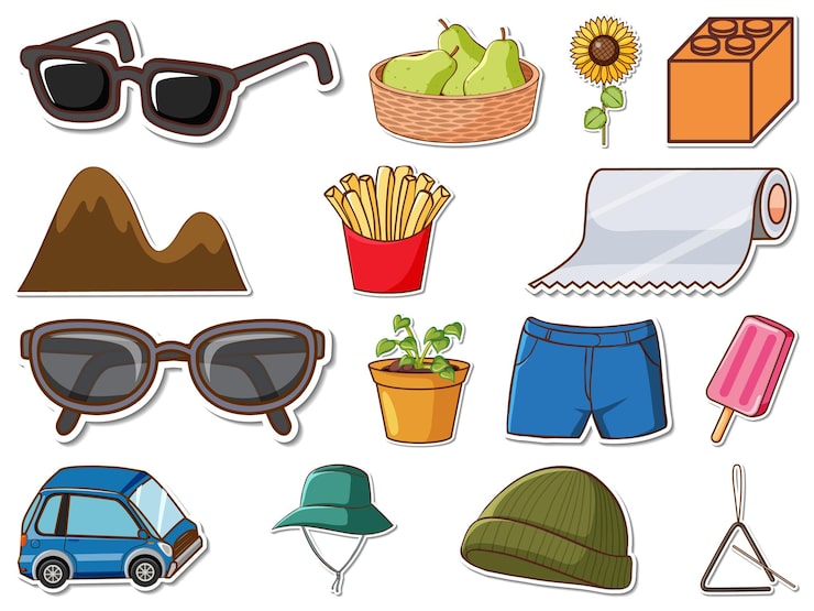 Vector gratuito conjunto de pegatinas de objetos diarios mixtos.