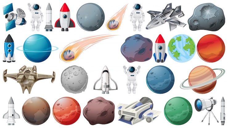 Vector gratuito conjunto de planetas y objetos espaciales.
