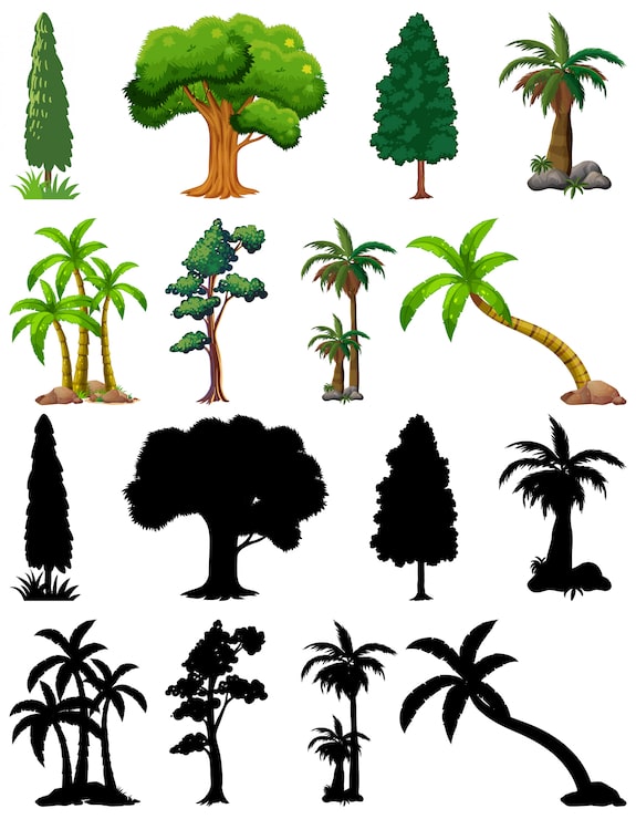 Vector gratuito conjunto de planta y árbol con su silueta.