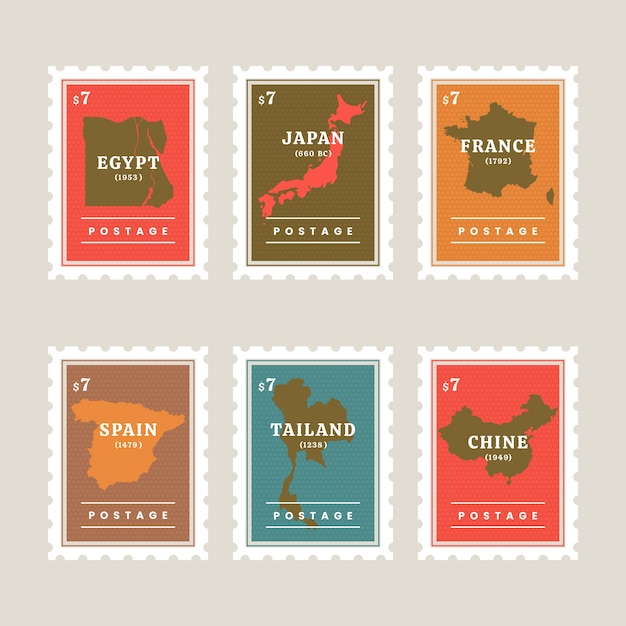 Vector gratuito conjunto de sellos postales de diseño plano