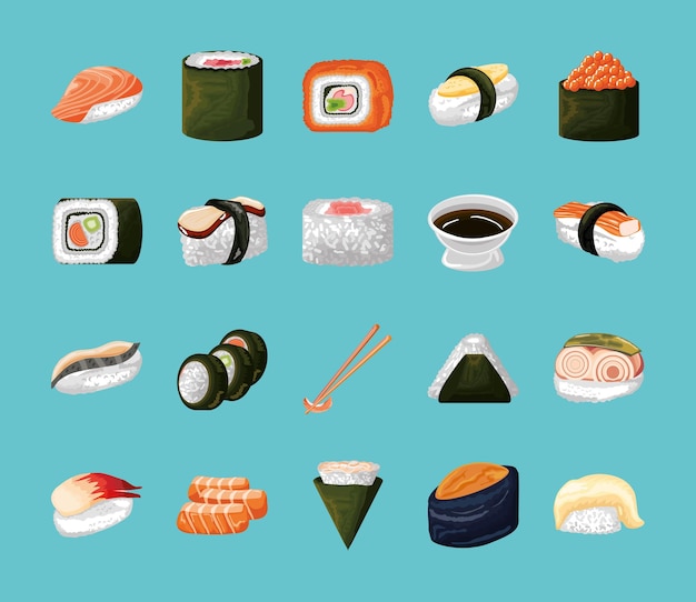 Vector gratuito conjunto de sushi comida japonesa
