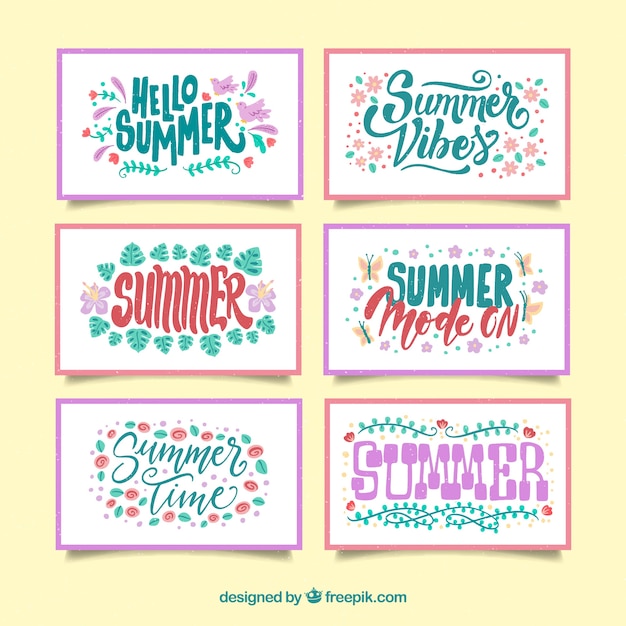 Vector gratuito conjunto de tarjetas de verano con lettering