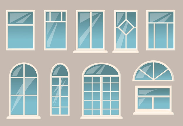 Vector gratuito conjunto de varias ventanas. diferentes marcos y vasos sobre fondo de pared de edificio gris.