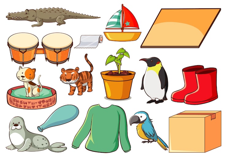 Vector gratuito conjunto de varios animales y objetos.