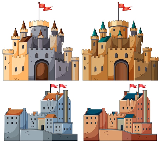 Vector gratuito conjunto de vectores de castillos medievales y edificios fortificados