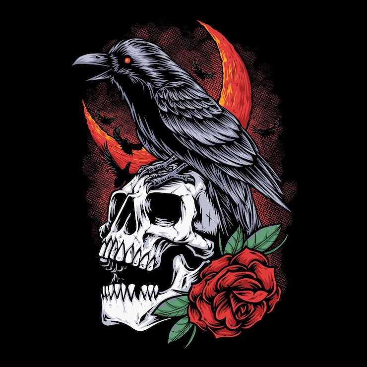 Vector gratuito cuervo y cráneo con ilustración de rosa roja