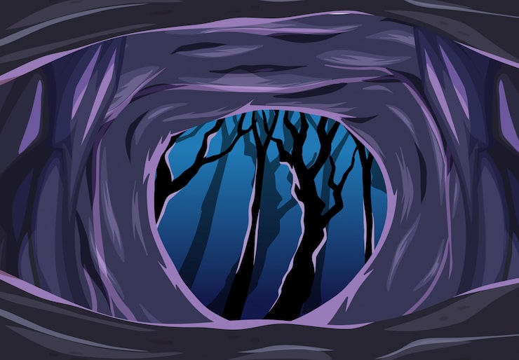 Vector gratuito cueva oscura con una escena de estilo de dibujos animados de árbol oscuro