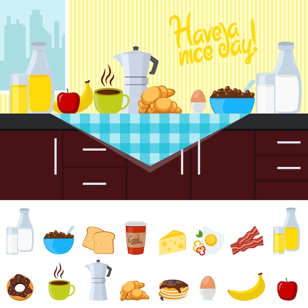 Vector gratuito desayuno composición plana