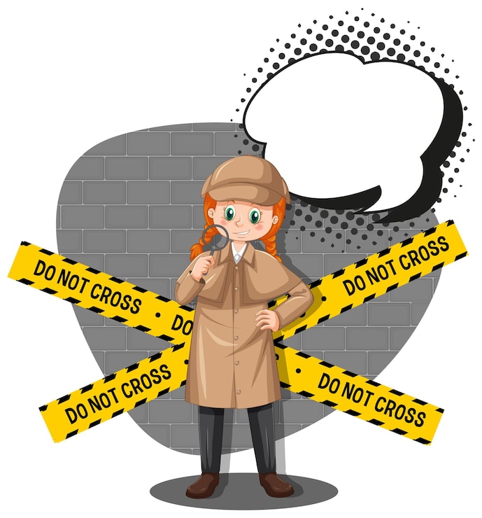 Vector gratuito detective buscando pistas en plantilla