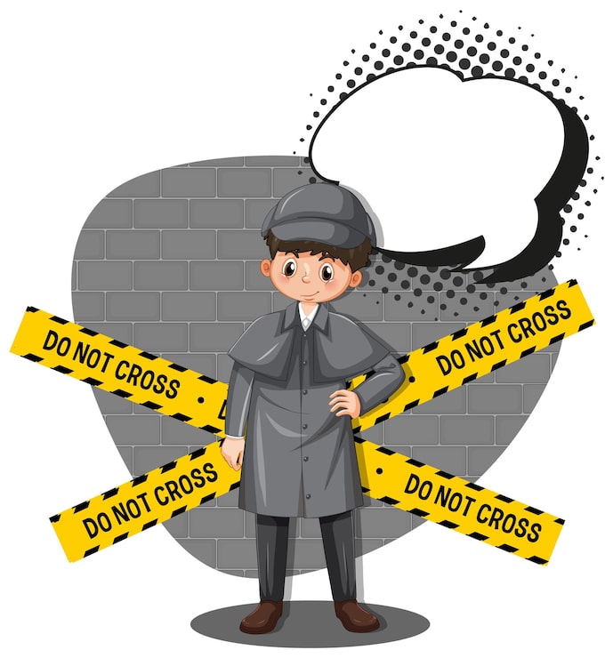 Vector gratuito detective buscando pistas en plantilla