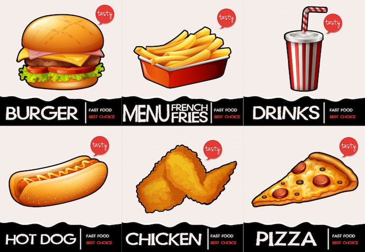 Vector gratuito diferentes tipos de comida rápida en el menú.