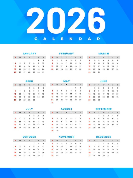 Diseño de calendario de pared 2026 blanco y azul en estilo empresarial